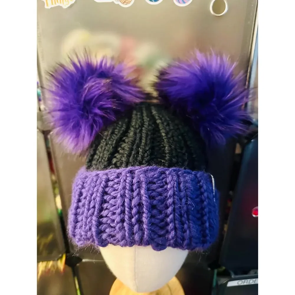 Hand Knit Beanie with Double Faux Fur Poms - Adult Winter Hat